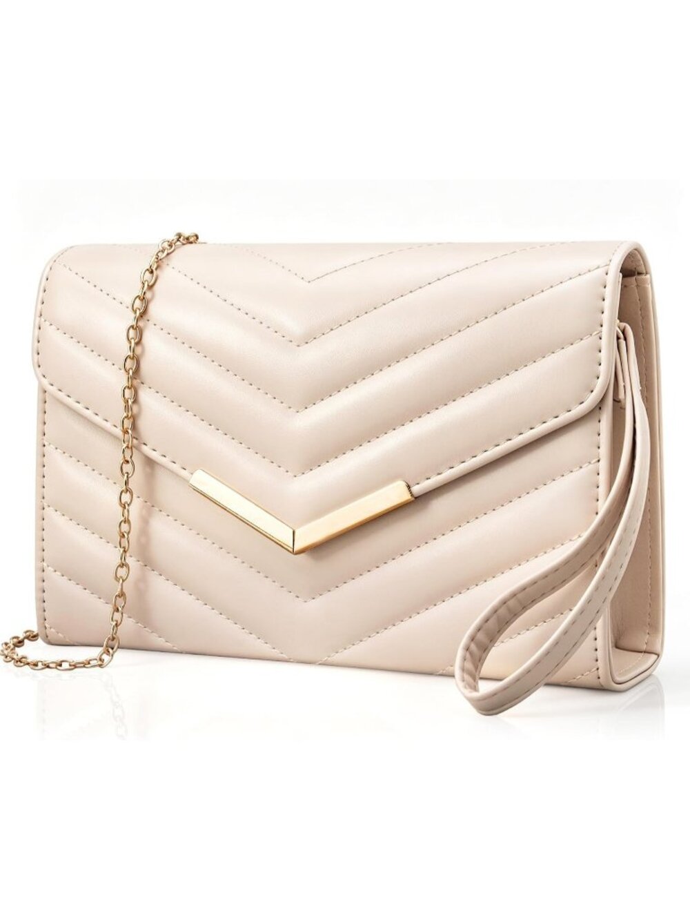 Women's Nude Leather Quilted Clutch Purse Envelope Chain Strap Evening Handbag